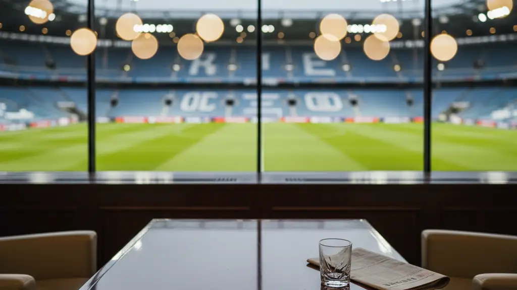 An empty luxury stadium suite overlooking a blurred, brightly lit football field at night.