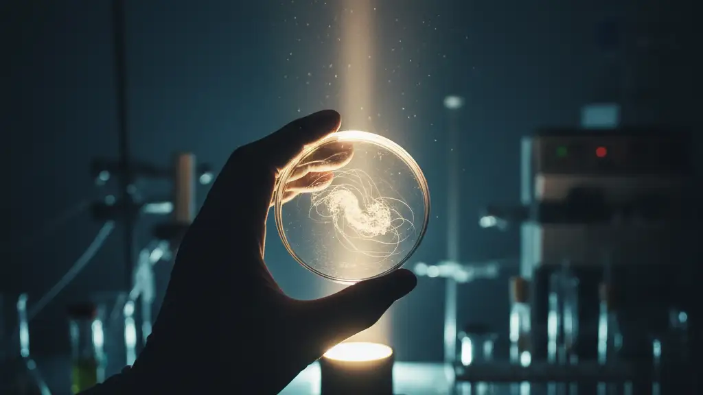 Gloved hand examining a specimen under a microscope in a dimly lit lab.