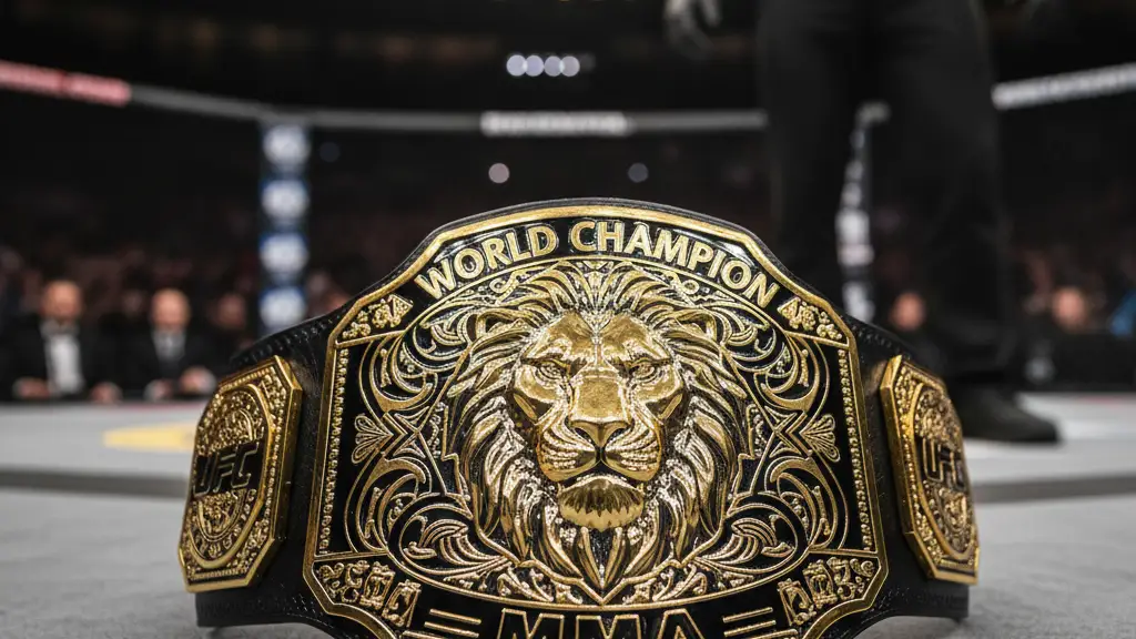 A gold championship belt sits on the canvas floor of a professional fighting octagon.