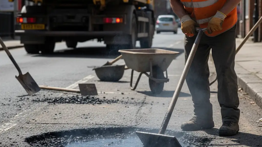 Road workers in high-visibility vests repairing a large pothole with fresh steaming asphalt.