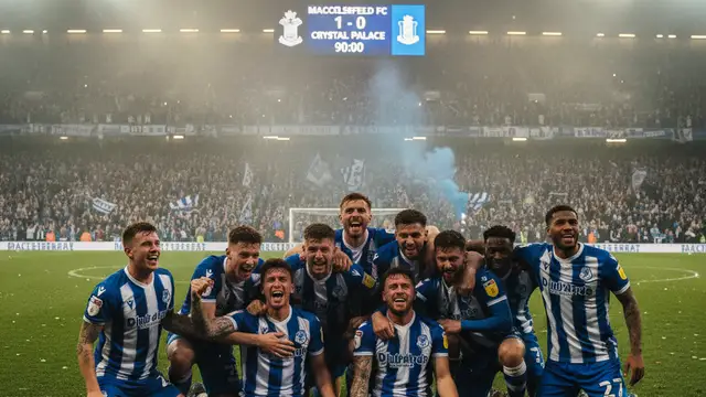Macclesfield FC players celebrate on the pitch after defeating Crystal Palace in the FA Cup.