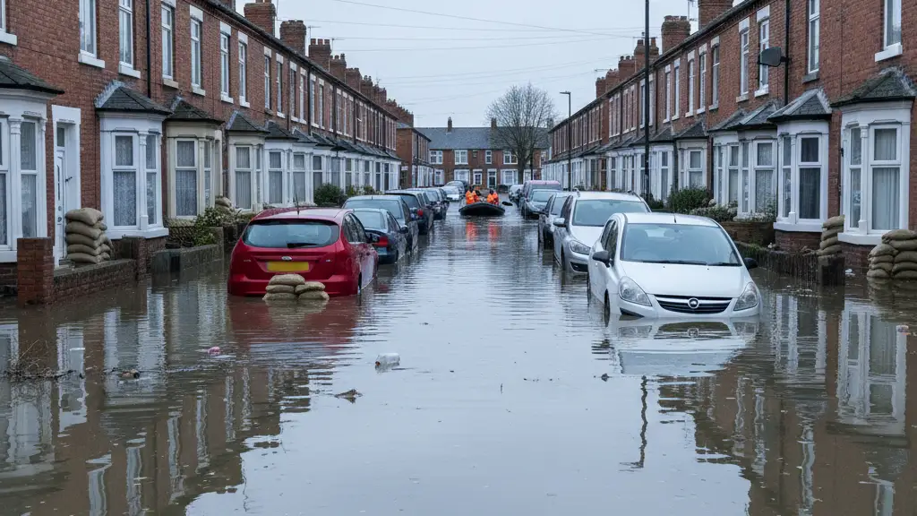 Flooded UK street with submerged cars and sandbags against brick houses under a grey sky.