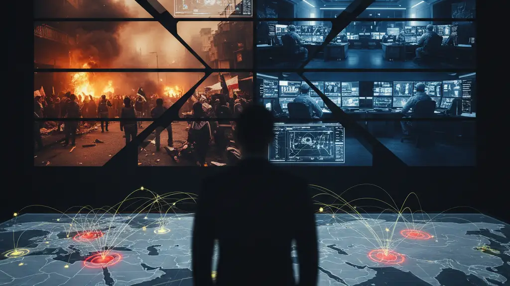 A command center monitor displaying Iranian street protests and a digital map of the Middle East.