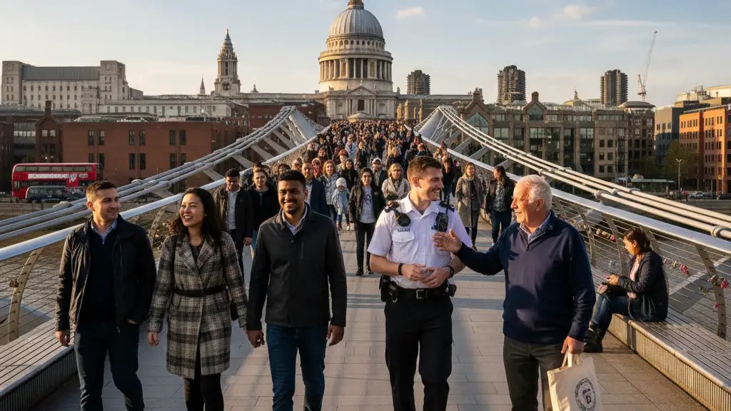 People walking across Millennium Bridge in London under a clear sky with St. Paul's Cathedral.