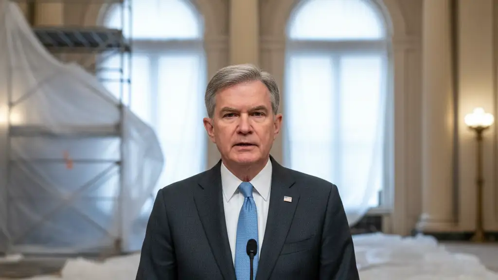 Jerome Powell speaking at a podium with construction scaffolding visible in the background.