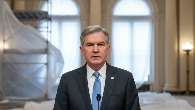 Jerome Powell speaking at a podium with construction scaffolding visible in the background.