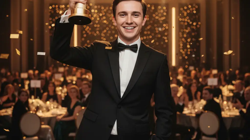 Actor Owen Cooper holding a Golden Globe award on stage in a black tuxedo.