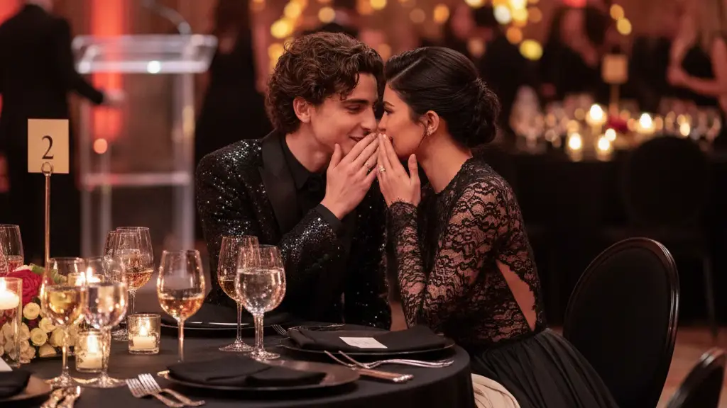 Timothée Chalamet and Kylie Jenner whispering intimately at a glamorous awards ceremony table.