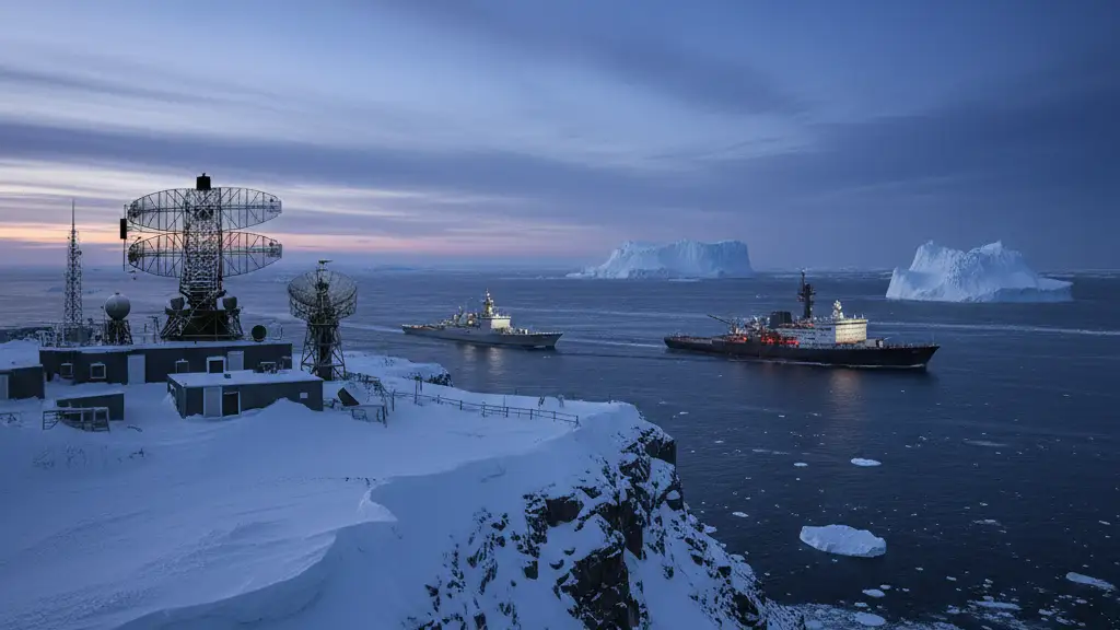 A military radar station on a snowy Greenland cliff overlooking naval ships in icy waters.