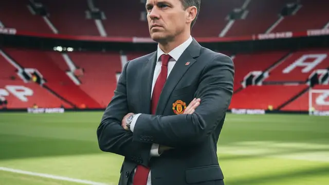 Michael Carrick in a suit standing on the Manchester United touchline at Old Trafford.