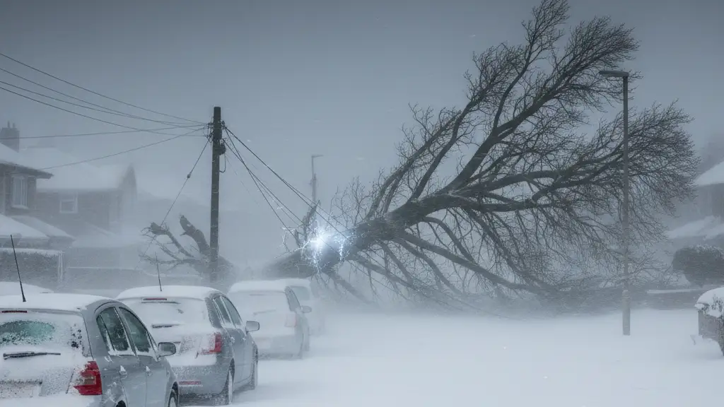 A snow-covered UK street with a fallen tree and downed power lines during a storm.