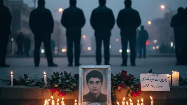 A street memorial with a student's photo, candles, and flowers during protests in Iran.