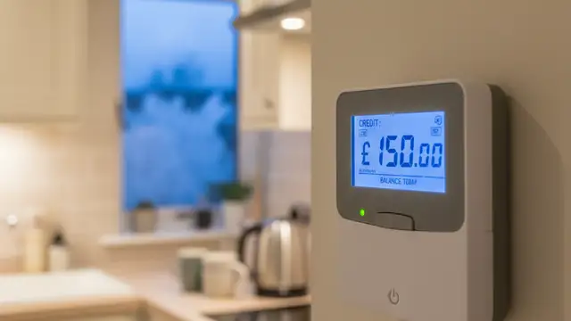 A digital smart meter screen displaying a one hundred and fifty pound credit balance.