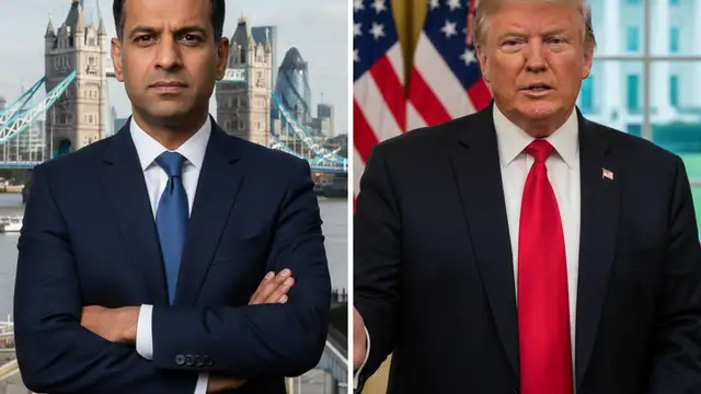 Split-screen portrait of Sadiq Khan and Donald Trump against their respective city landmarks.