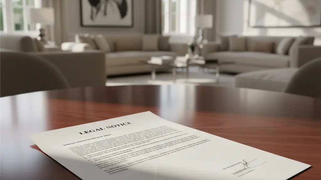 A formal legal document in an envelope on a dark wooden table in a luxury home.