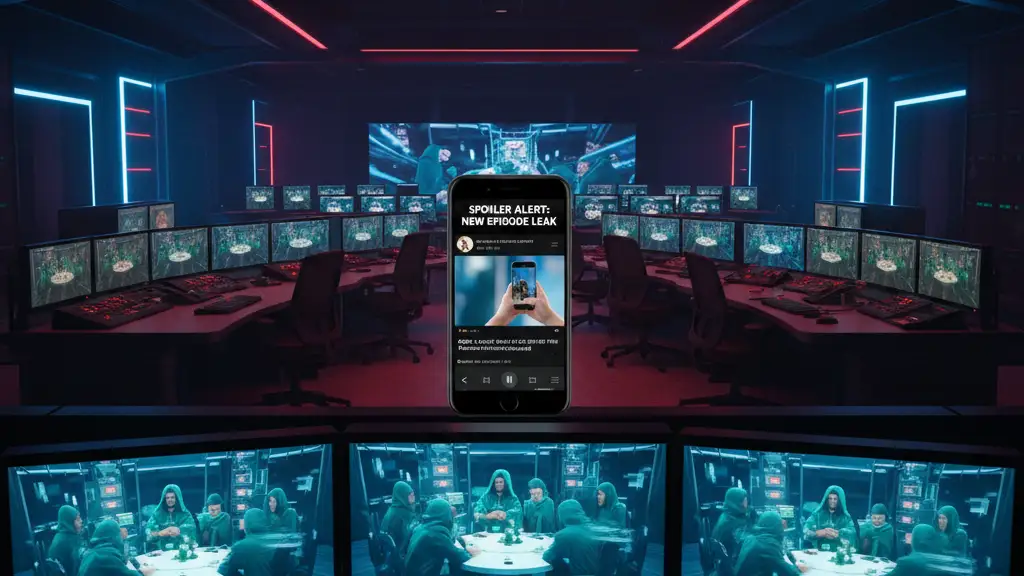 A television control room showing monitors of hooded figures and a social media spoiler notification.