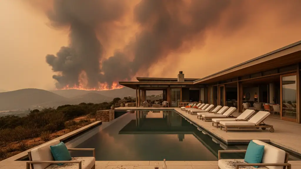 A luxury villa in South Africa with smoke from wildfires rising in the background hills.