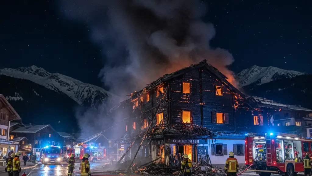 Emergency services at the scene of a charred building fire in Crans-Montana at night.