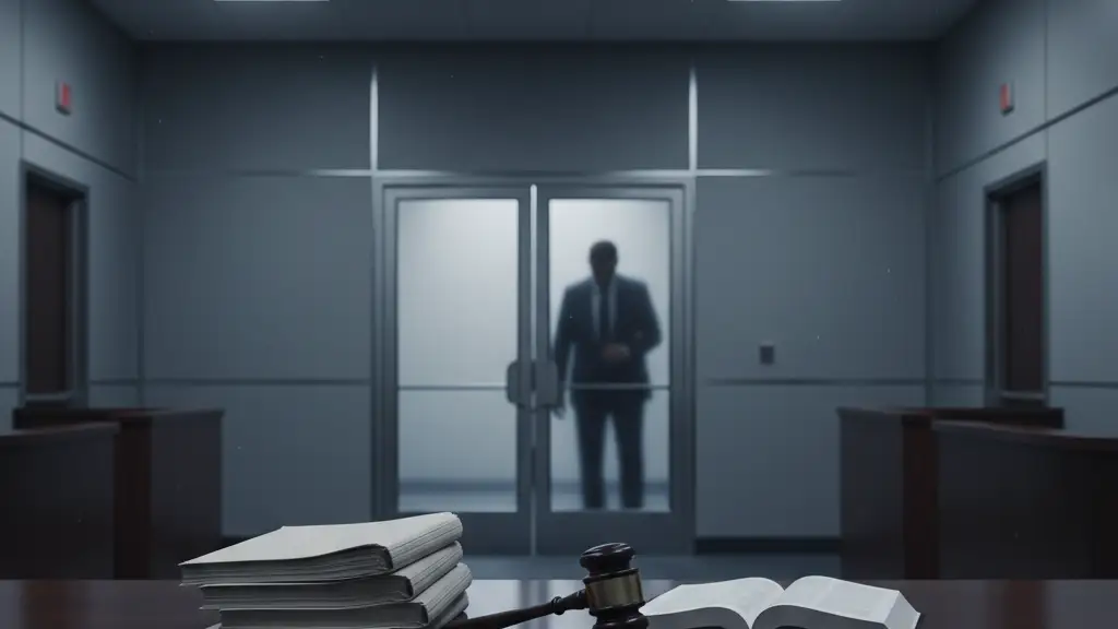 A judge's gavel on a courtroom bench with a blurred figure in the background.