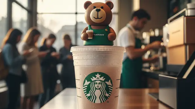A Starbucks Bearista cup with a bear-shaped lid on a counter with a blurred crowd.