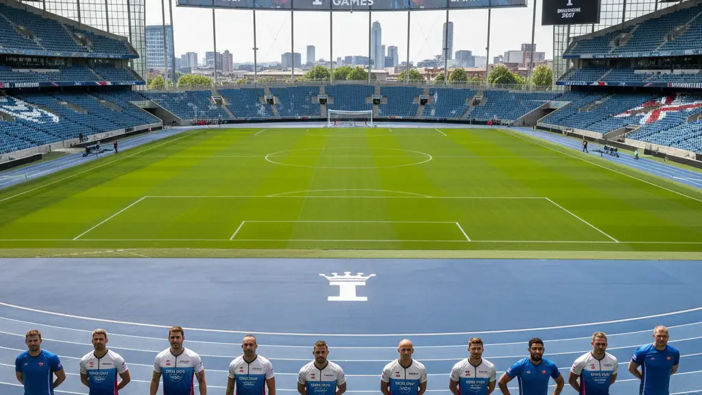 Athletes with prosthetics stand before a Birmingham stadium decorated with Invictus Games 2027 banners.