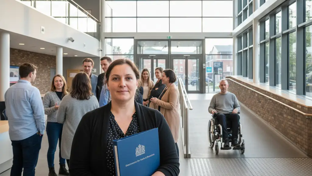 Diverse individuals in an accessible public space, one holding a document folder.