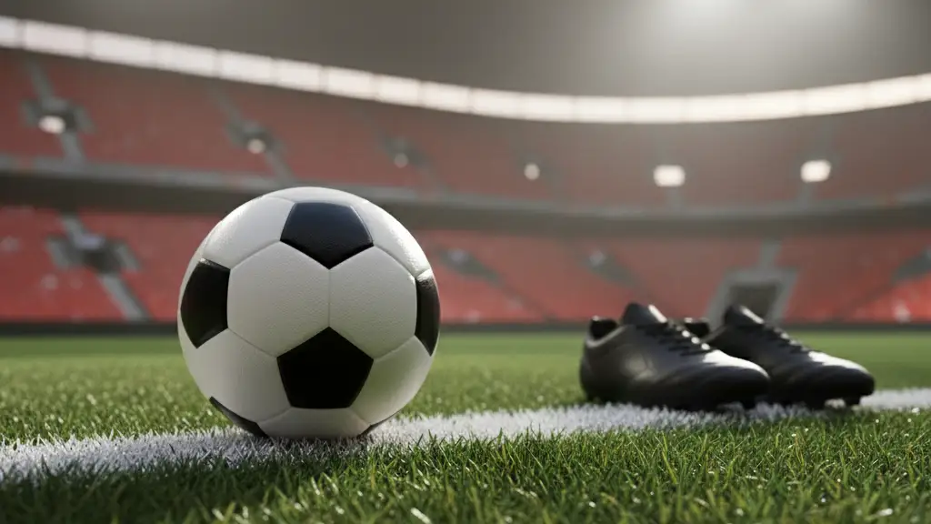 A soccer ball on a stadium pitch line with blurred red stands in the background.