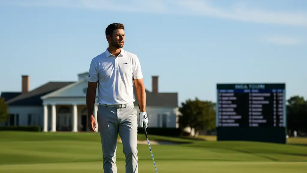 Professional golfer Brooks Koepka standing on a golf course green under a clear sky.