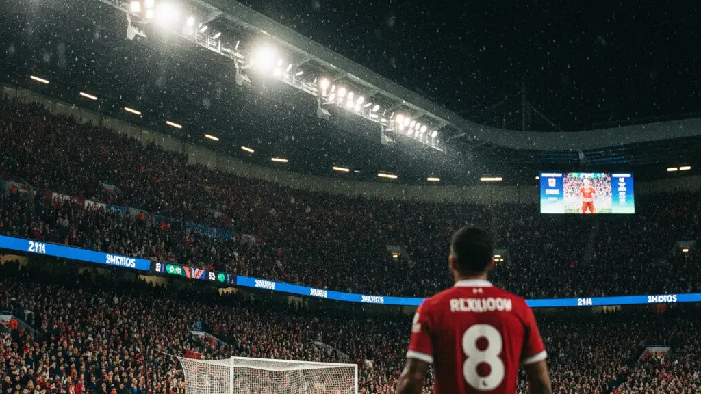 A silhouetted football player in a red jersey facing a goal under stadium lights.