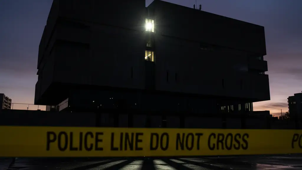 Shadowy embassy building with police tape in foreground, suggesting security concerns.