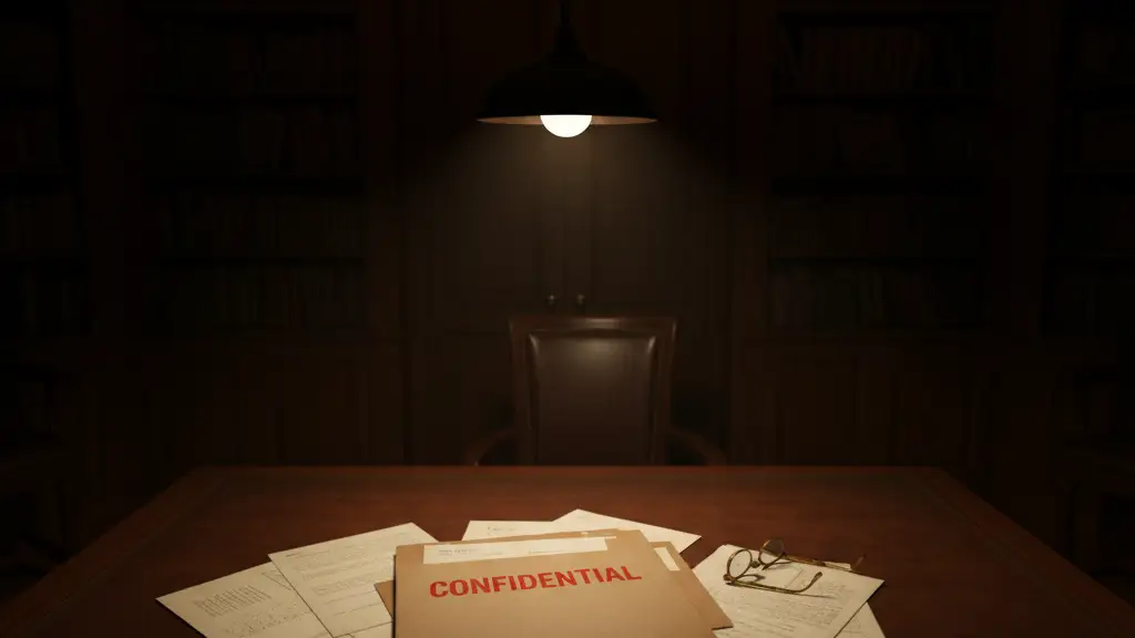 Confidential file folder on a desk in a dimly lit room.