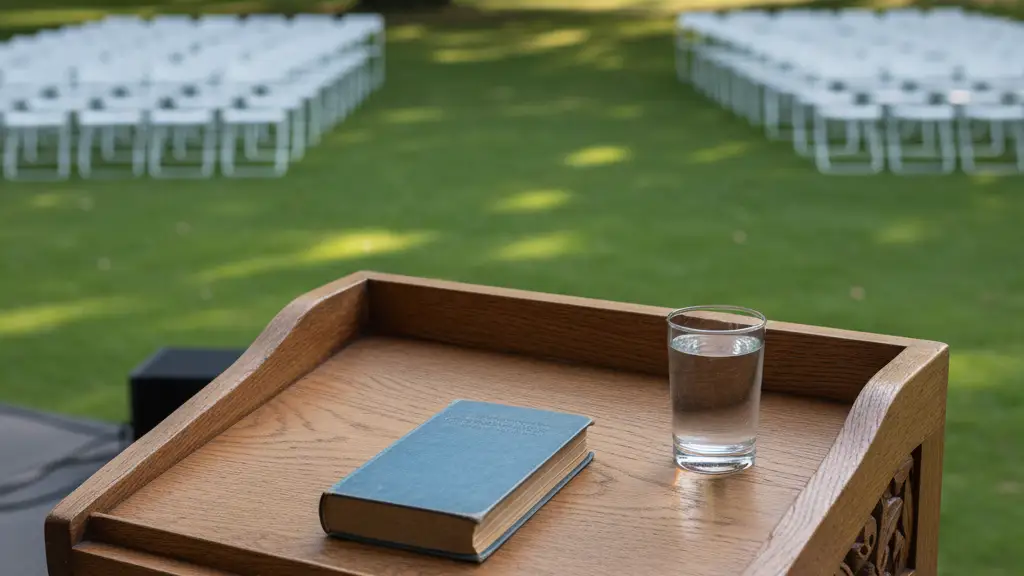 A wooden lectern with a book and water glass on an empty outdoor stage.