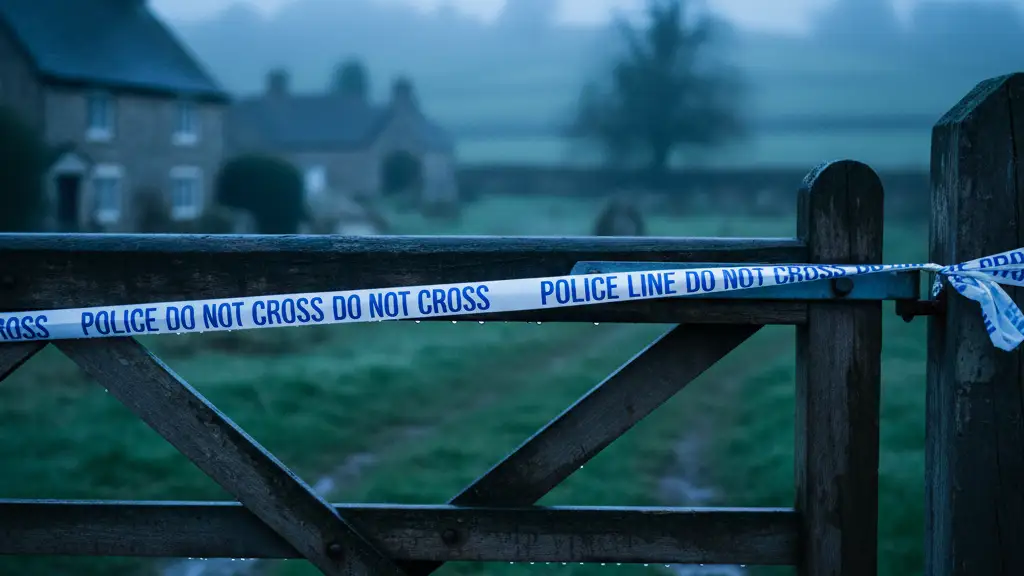 Yellow police tape across a wooden gate in a misty village at night.