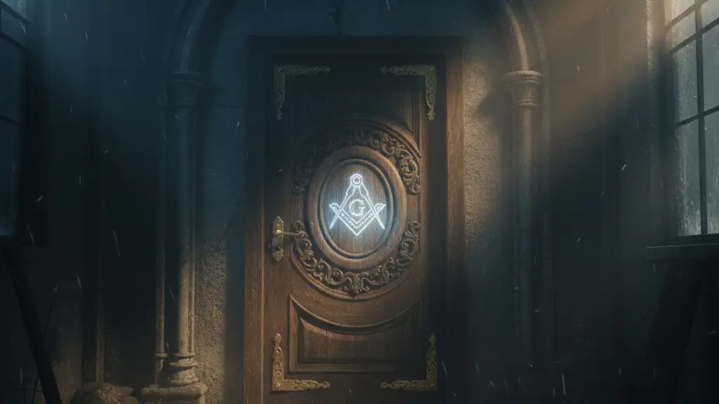 Ornate door with a glowing Masonic symbol, shrouded in dramatic shadows.