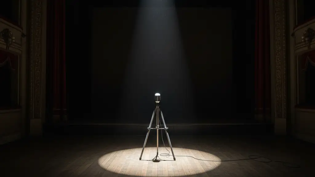 An empty theatre stage with a spotlight on a microphone stand.