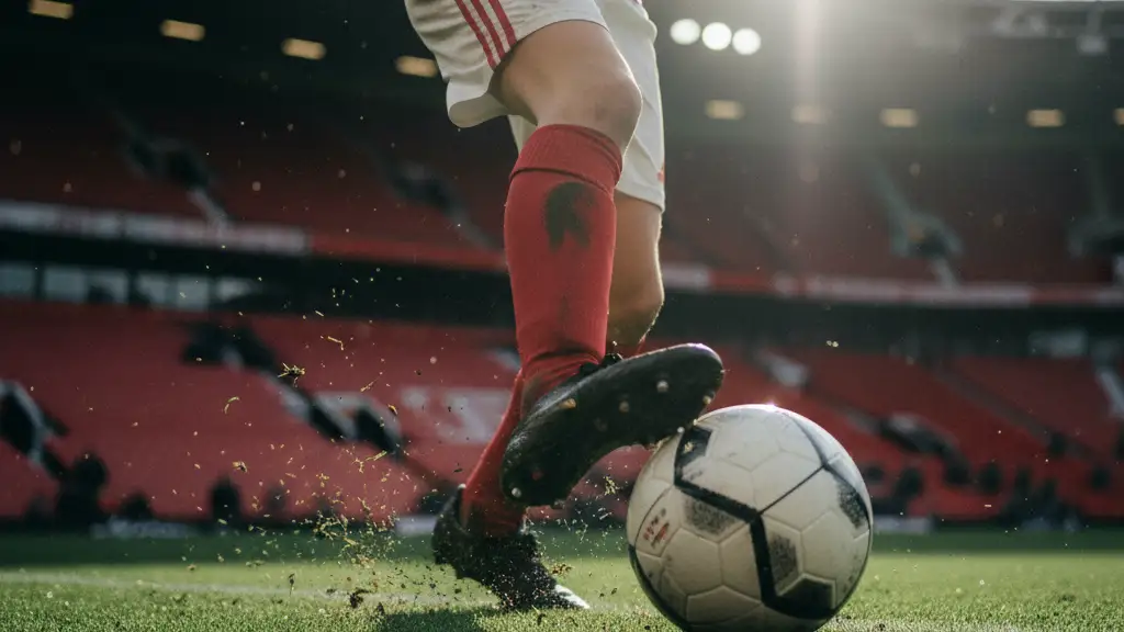 Close-up of a Manchester United youth player's boots striking a ball on a grass pitch.