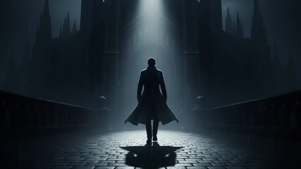 Silhouette of a figure walking away from a building, leaving a crumpled manifesto behind.