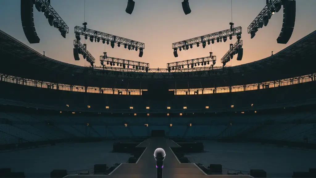 Empty stadium stage with a single microphone under dramatic lighting, symbolizing BTS's return.