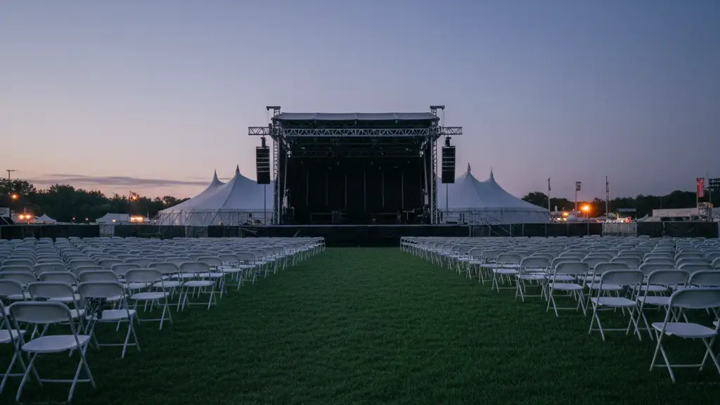 Empty white chairs and a deserted stage at an outdoor festival venue during twilight.