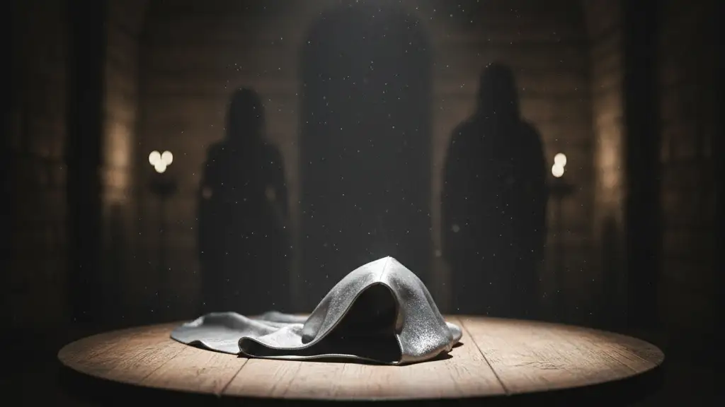 A discarded silver hood on a wooden table in a dark, spotlighted room.