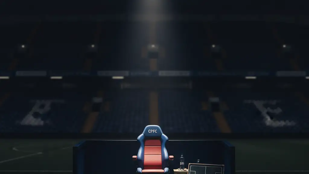 Empty Crystal Palace manager's dugout under a spotlight at night.