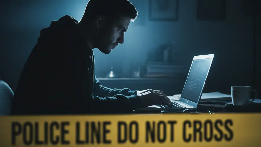 Shadowy figure working on a laptop with police tape in the foreground.