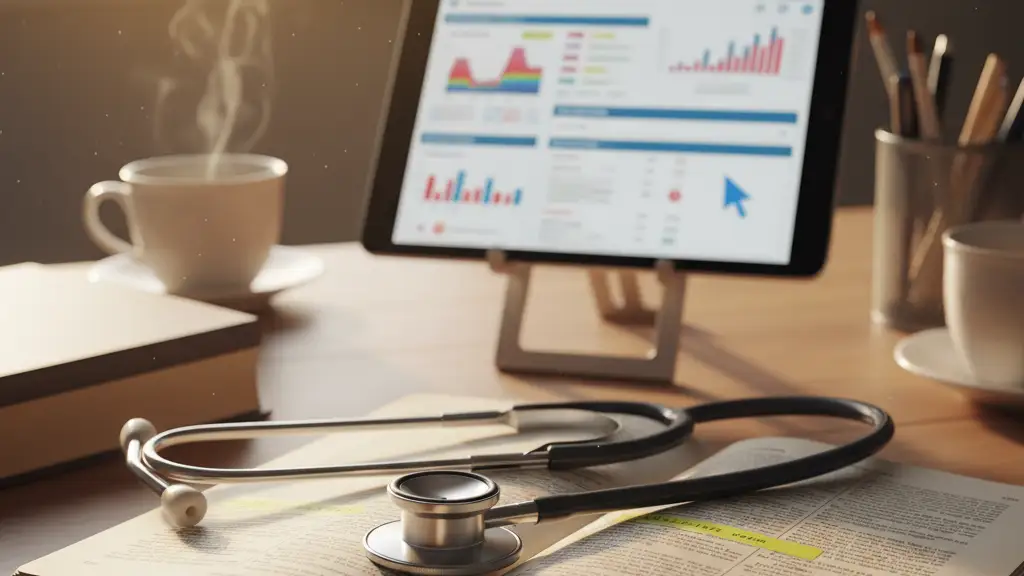 A stethoscope resting on an open medical textbook in a brightly lit doctor's office.