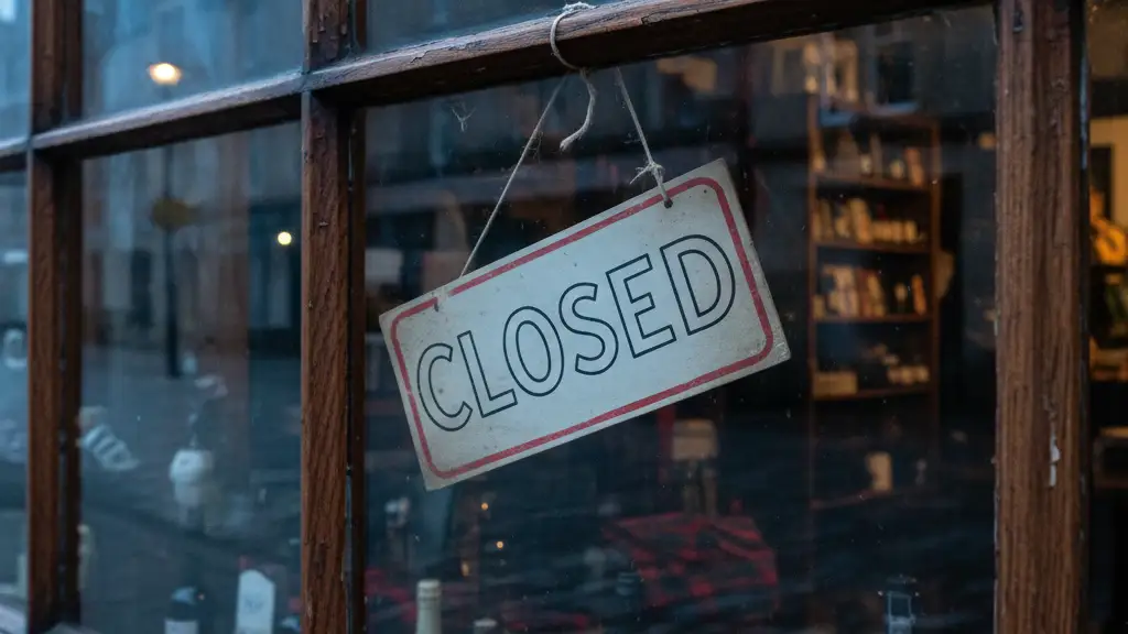 A 'Closed' sign hanging in a shop window on a misty Scottish street at dusk.