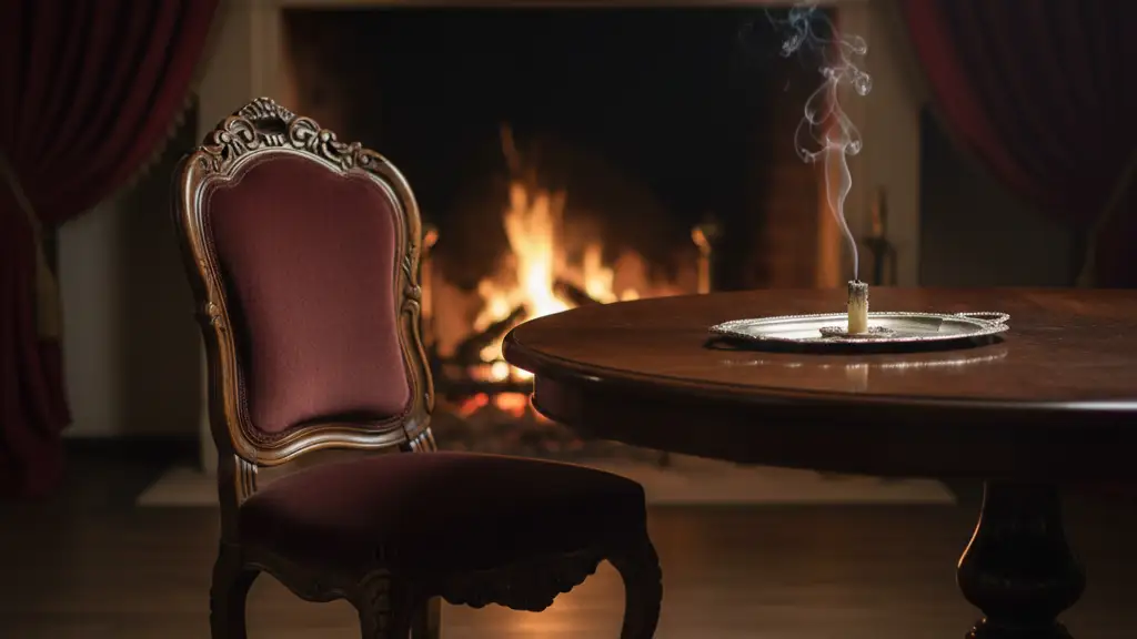 An empty wooden chair at a dimly lit round table with an extinguished candle.