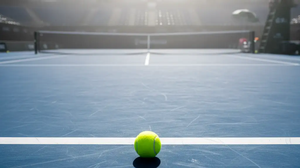 A tennis ball on a blue hardcourt under intense sunlight with heat haze.