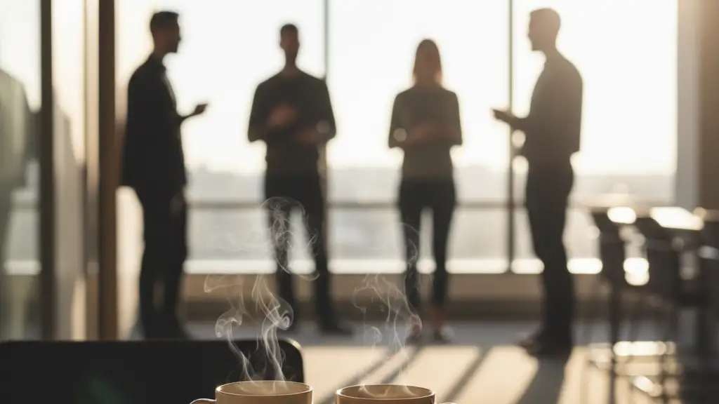 Two steaming coffee mugs on a wooden table with blurred office workers talking in background.