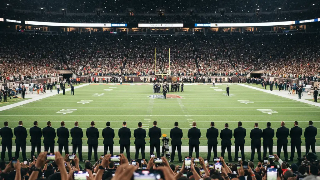 Silhouetted security detail and spectators at a brightly lit stadium during a championship football game.
