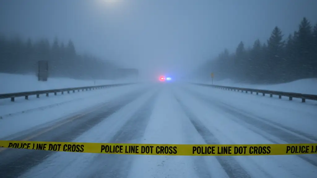 Snowy highway with police tape and blurred emergency lights in a blizzard.
