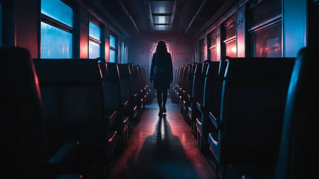Blurred figure of a woman on a train carriage, illuminated by emergency lights.